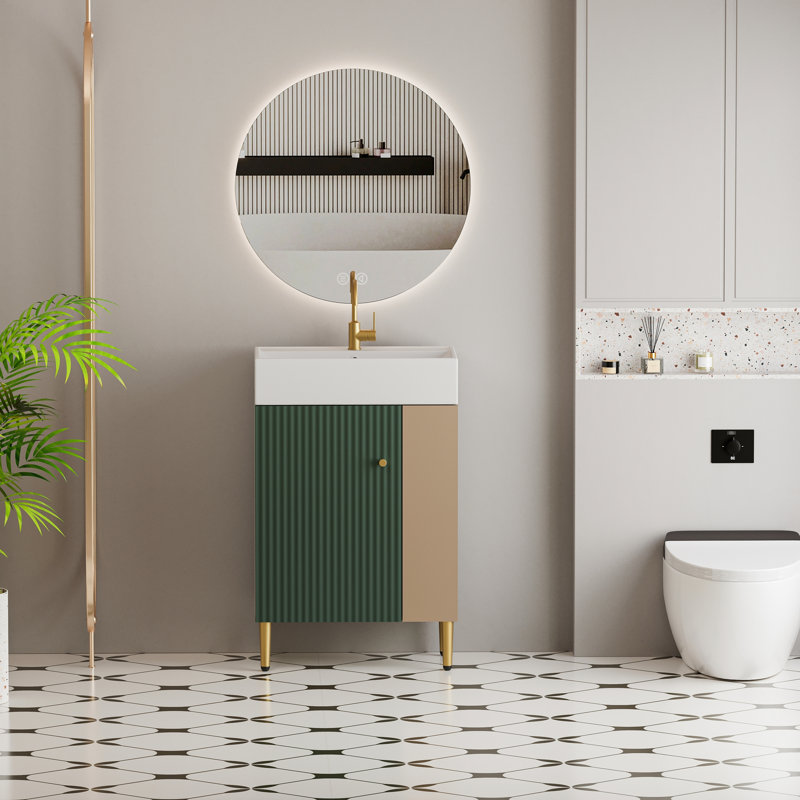 Meuble-lavabo compact de 21,6 po, armoire à fermeture en douceur, tablette latérale ouverte à droite et tablettes de lavabo teintées, fini pour
