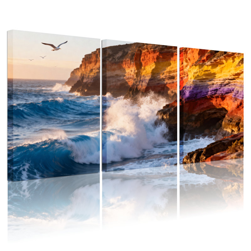 Ensemble de 3 impressions sur toile, "Scenic & Cityscapes Ocean Waves Crash Against Colorful Cliff", H 30 po x l 60 po