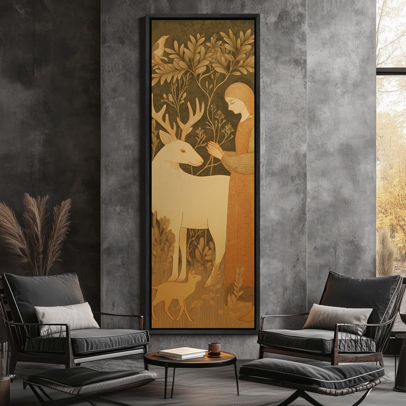 «Woodland Scene With Woman and Deer in Folklore Style - Large, encadrée sur toile encadrée, chambre principale, Noir