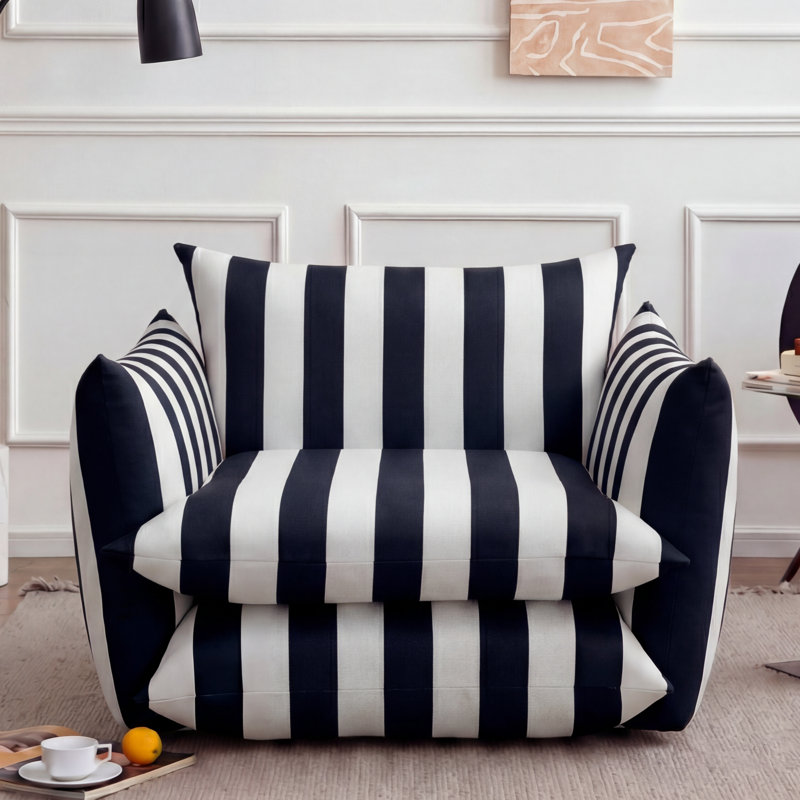 40" W Oversized Striped Accent Chair, Modern Coastal Armchair with Plinth Base and Reversible Cushions, Lounge Chair and a Half for Living Room