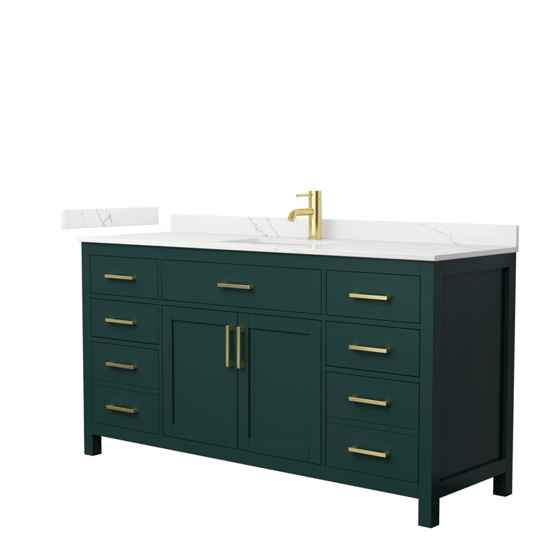 Meuble-lavabo simple autoportant de 66 po avec plateau en quartz Beckett, Vert, Or brossé, Quartz Giotto