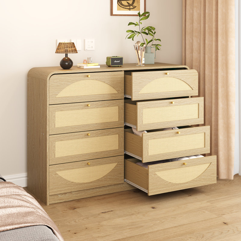 Dresser with Rattan Front, Wide Particle Board Chest of Drawers, Natural, 31.7" H x 47.2" W x 15.5" D