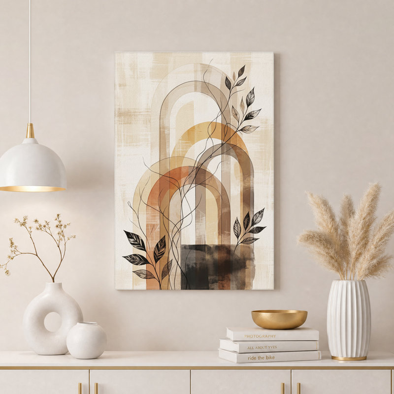 Tableau sur toile représentant des arches et des feuilles abstraites dans des tons terreux, H 36 po x l 24 po