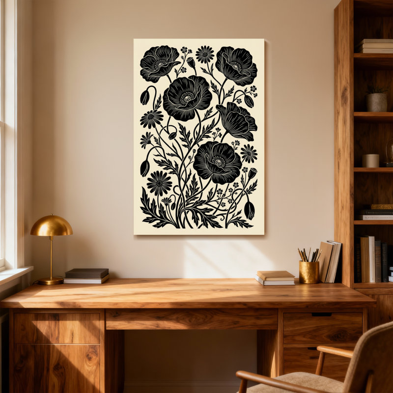 Plantes et fleurs - motif floral coquelicot noir sur fond crème, H 18 po x l 12 po