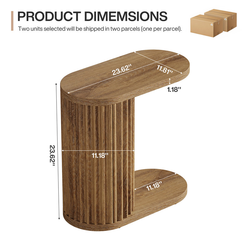 Narrow Fluted C-shaped End Table, Rustic Brown