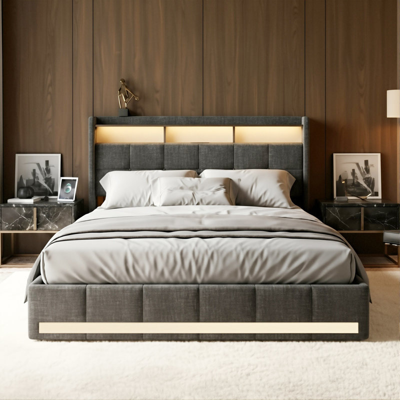 EU Double & King Linen Storage Bed With 4 Drawers & Dual LED Lights, Upholstered Bed Frame With Charging Port, Grey & Beige