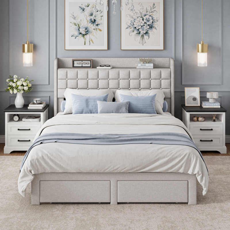 Ensemble de chambre à coucher 3 pièces avec rangement à 2 tiroirs avec charge Avelyn, Beige, Queen