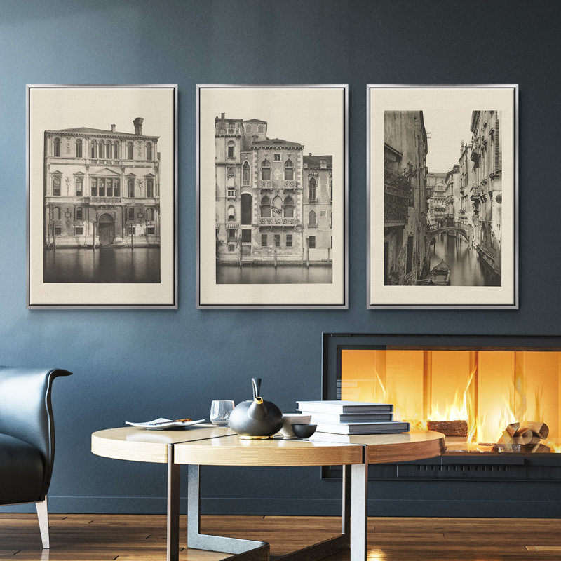"Vintage Views of Venice I", ensemble de 3 pièces encadrées sur toile, H 36 po x l 72 po, Argent