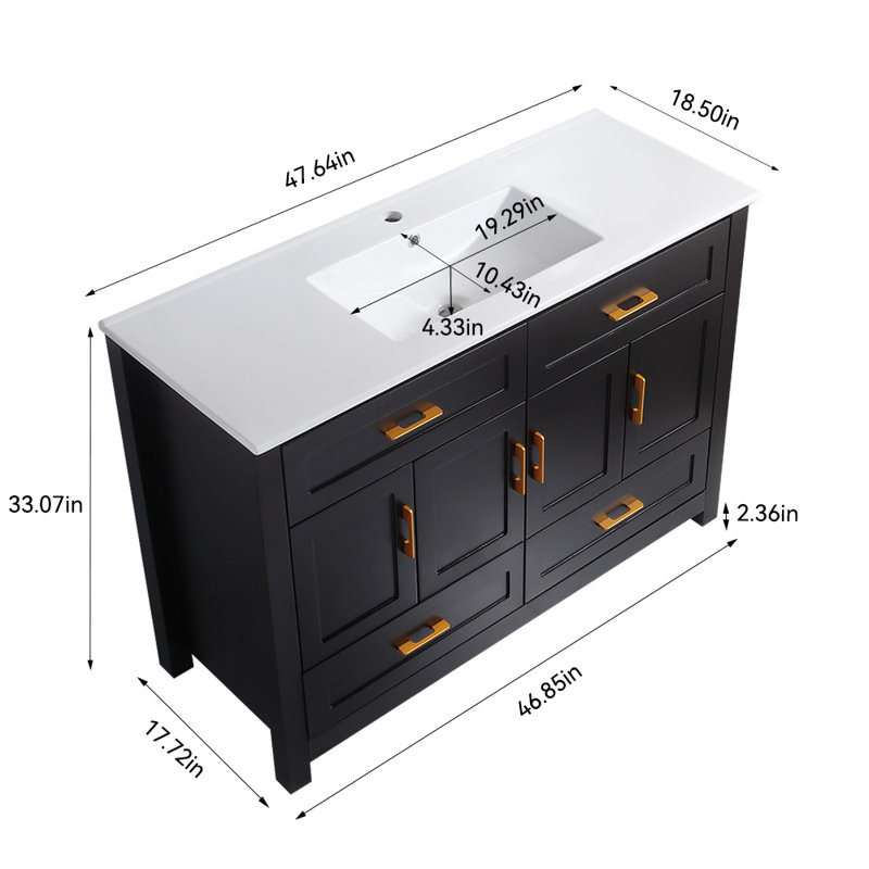 48" Bathroom Vanity With Ceramic Sink Combo, Abundant Storage Cabinet, Black