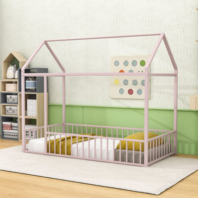 Twin Metal House Bed With Roof And Guardrails