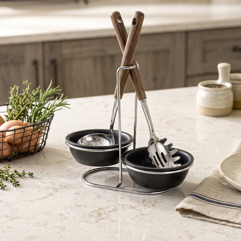 Kitchen 2-Bowl Black Ceramic Spoon Rest