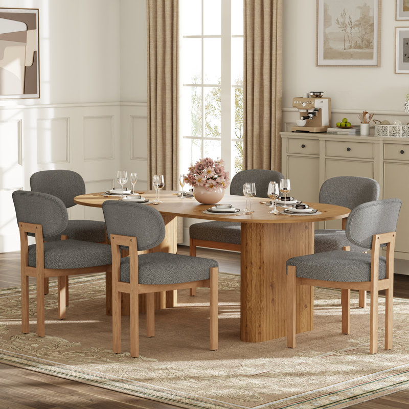 Ensemble de table de salle à manger avec table ovale et 4 à 6 chaises rembourrées, Beige, 7 Pieces: Table, 6 Chairs, Gris