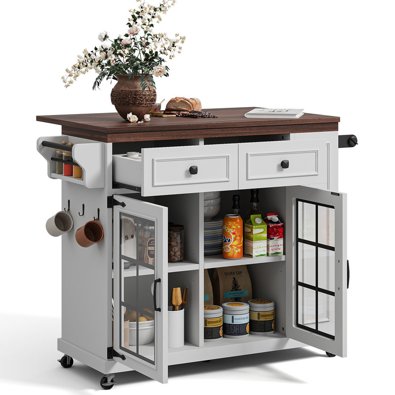   39.8"W Kitchen Cart With Drop Leaf ，Power Outlet, Kitchen Island On Wheels With  Storage Cabinet & Glass Doors