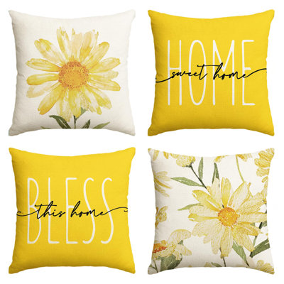 One Home Sweet Home Spring Summer Flowers Yellow Throw Pillow Covers, 18 X 18 Inch Cushion Case For Sofa