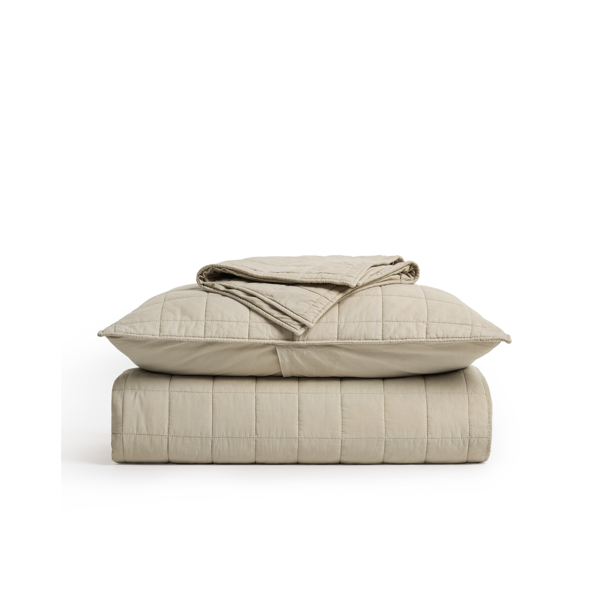 100% Cotton Box Stitch Quilt Set, Khaki Tan, Queen Quilt + 2 Queen Shams