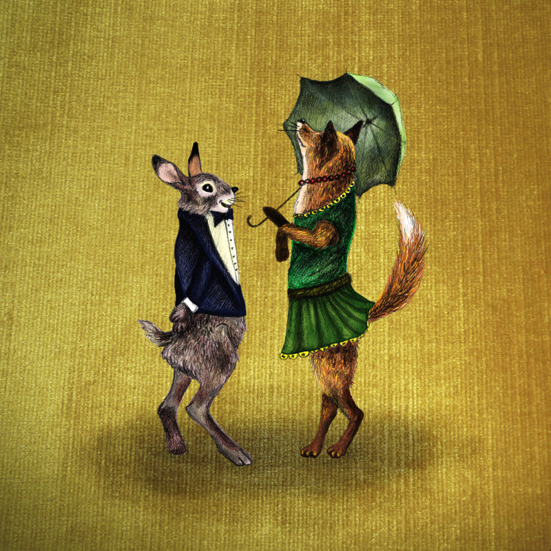 Fox and Hare - Peinture, H 12 po x l 12 po, Non, Toile tendue