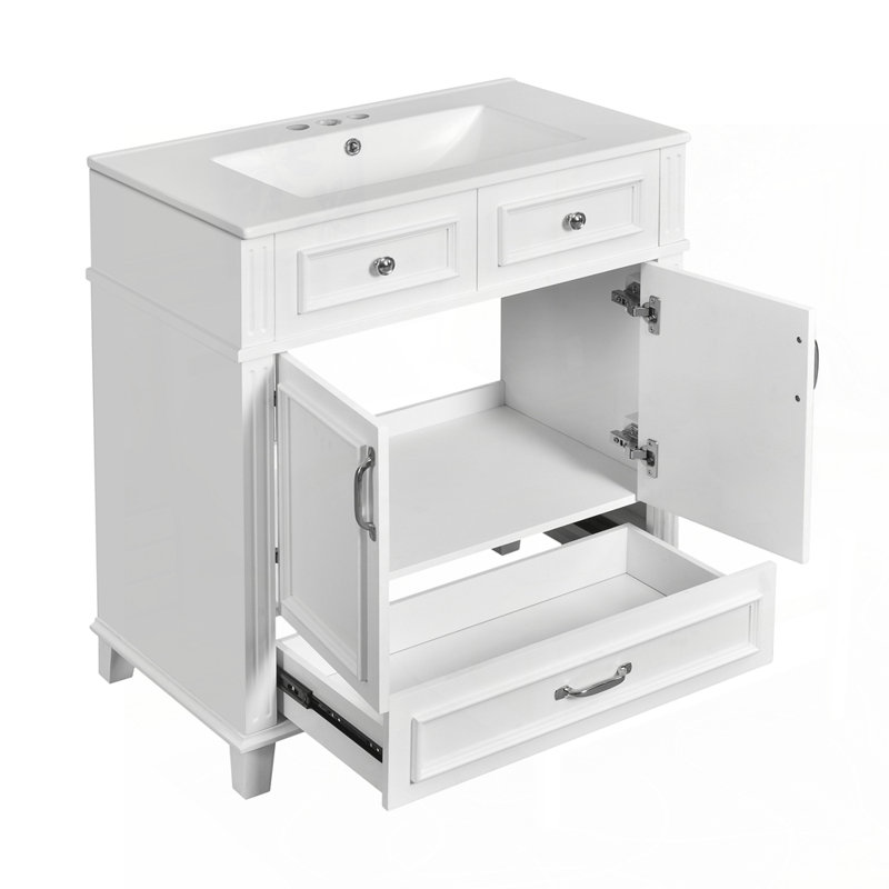 Meuble-lavabo de style rétro avec construction robuste et rangement dissimulé, Blanc