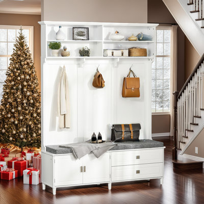 Entryway Hall Tree 59" W with Storage Bench and Shelves,White
