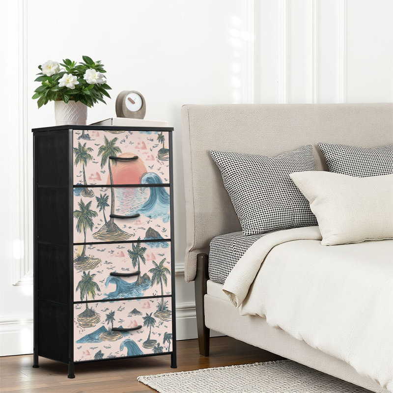 Commode 4 tiroirs pour chambre à coucher, commode étroite, plateau en bois et structure en fer de travail 18 po x 37,5 po - (l x H)