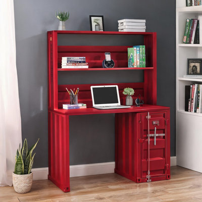 Bureau d'écriture avec huche de rangement, 47 po de largeur, structure en métal au fini rouge, base traîneau pour le bureau personnel