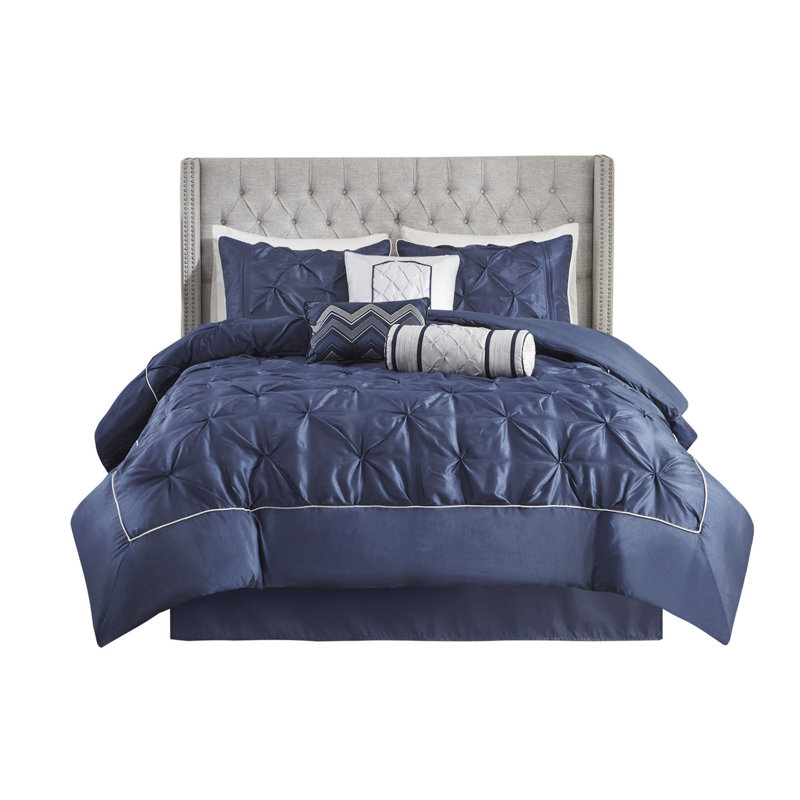 Ensemble d'édredon 7 pièces très grand bleu marine comprenant un beau rembourrage, un édredon, des taies décoratives, des coussins décoratifs et une jupe de lit