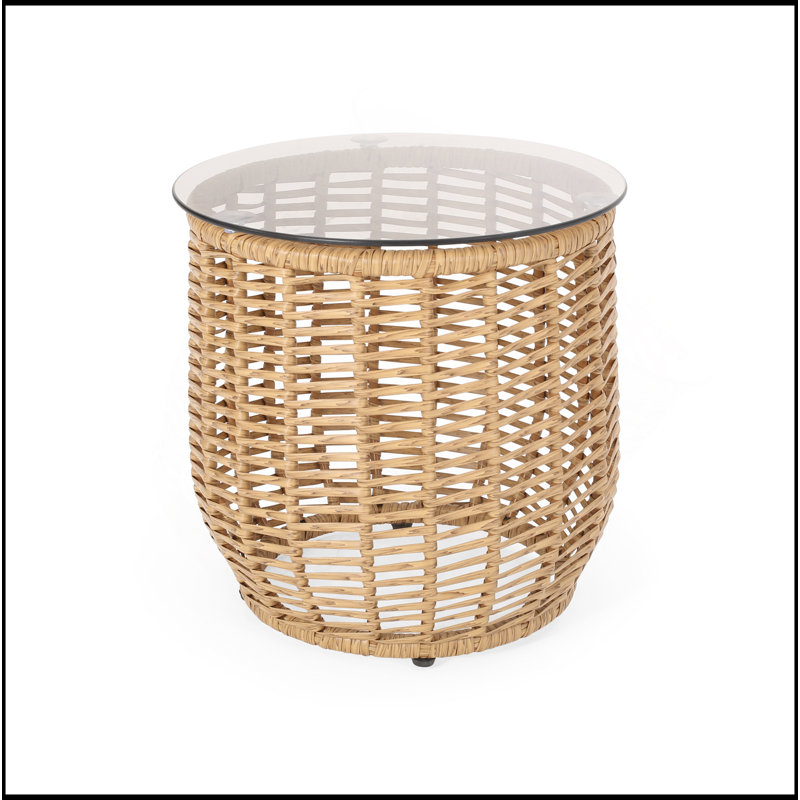 Table d'appoint Arias en rotin résistant aux intempéries avec plateau en verre trempé pour une utilisation extérieure et un décor élégant
