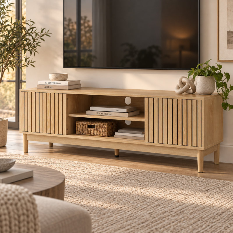 Meuble télé et console multimédia en chêne pour salon, de style moderne du milieu du siècle, pour téléviseurs de 55 et 65 pouces