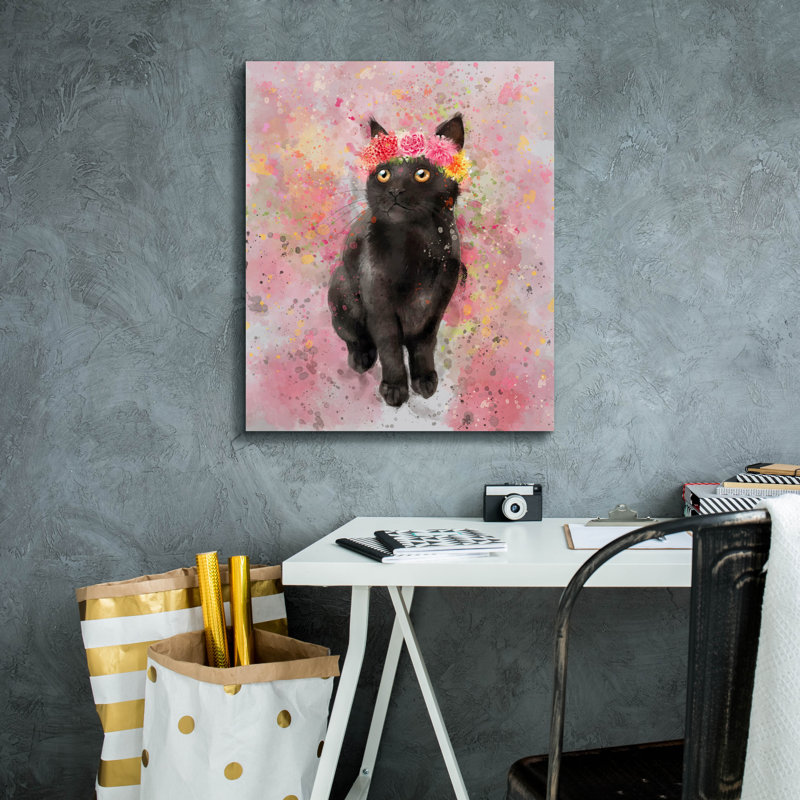 «Flower Crown Black Cat 2» par Furbaby Affiliates, art mural sur toile, H 24 po x l 20 po x P 0,75 po