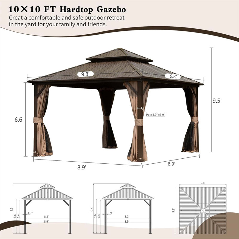 10' X 10' Hardtop Gazebo, Aluminum Metal Gazebo With Galvanized Steel Double Roof Canopy, Curtain And Netting, Permanent Gazebo Pavilion For Party, Wedding, Outdoor Dining
