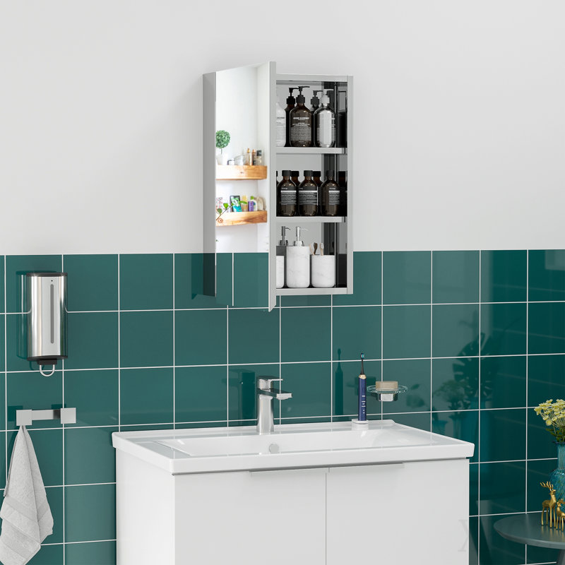Kleankin Wall-Mounted Medicine Cabinet With Mirror, Bathroom Mirror Cabinet Wall Mounted With Hinged Door, Storage Shelves For Living Room And Laundry Room, 15" X 24", Silver