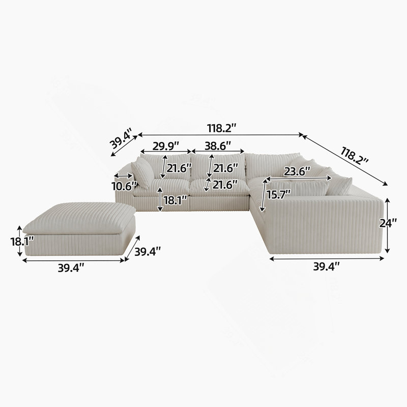 Boneless Cloud Sofa,Corduroy Fabric,Deep Seat Couches,Double-Layer Design,Removable Cushion, White