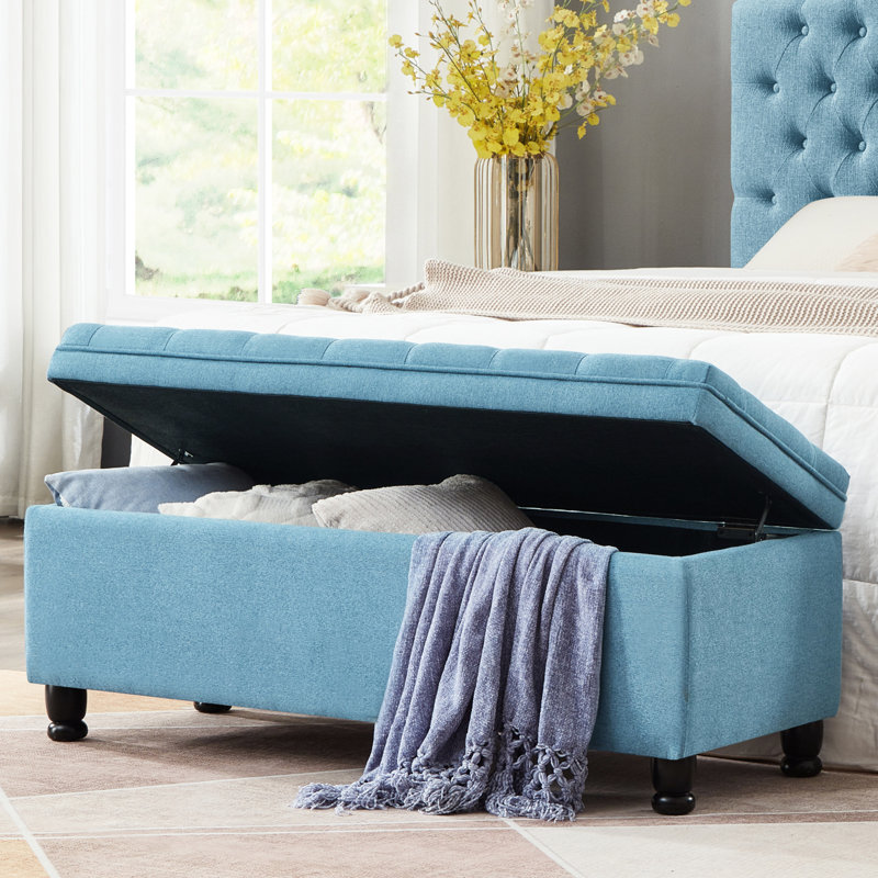 Button Linen Storage Bench With Blue Cover And Solid Wooden Construction Fabric Upholstered In Secure Legs