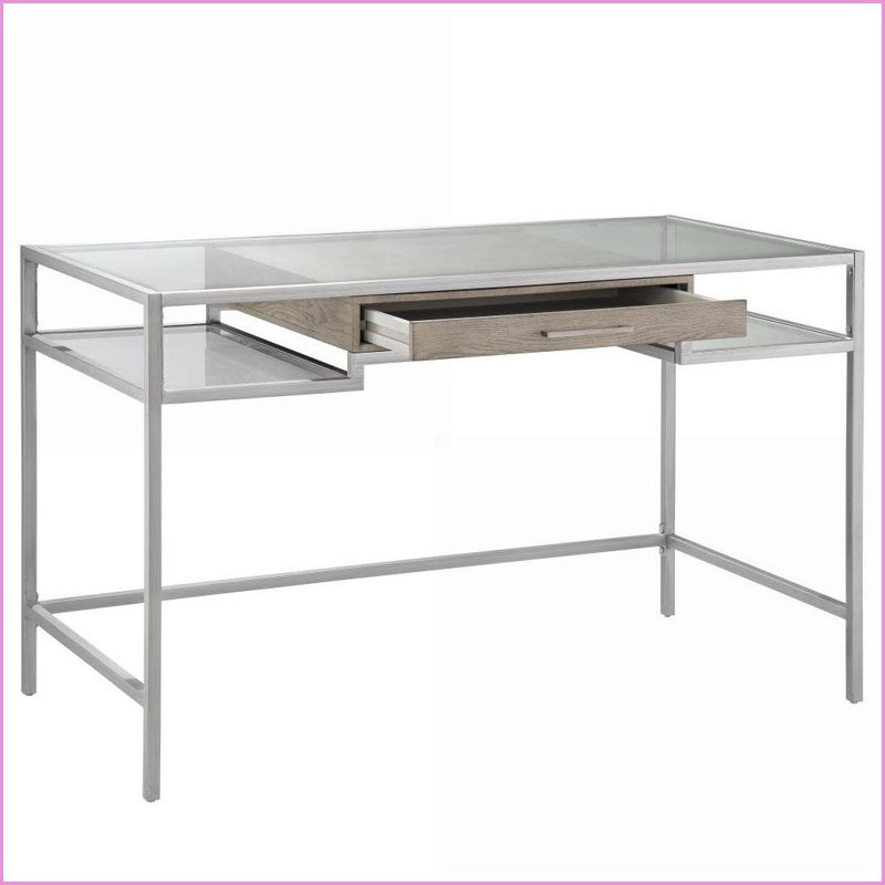 Bureaux, bureau d'écriture contemporain avec tiroir Adela, plateau en verre trempé l 48 po, argent brossé antique | argent antique | bois