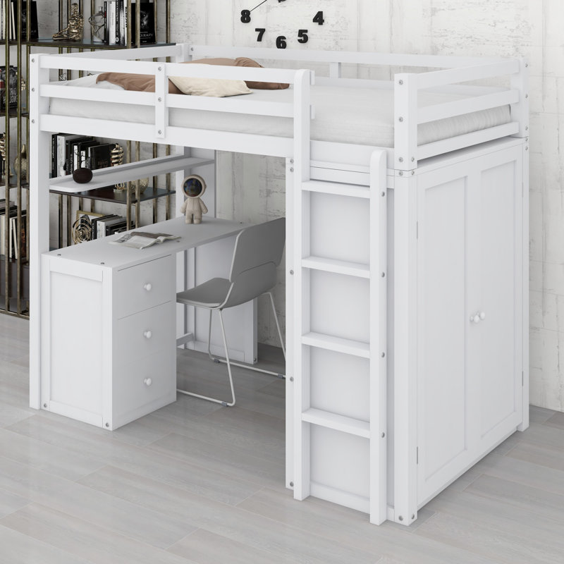 Lit mezzanine contemporain avec tiroirs, bureau et garde-robe, White