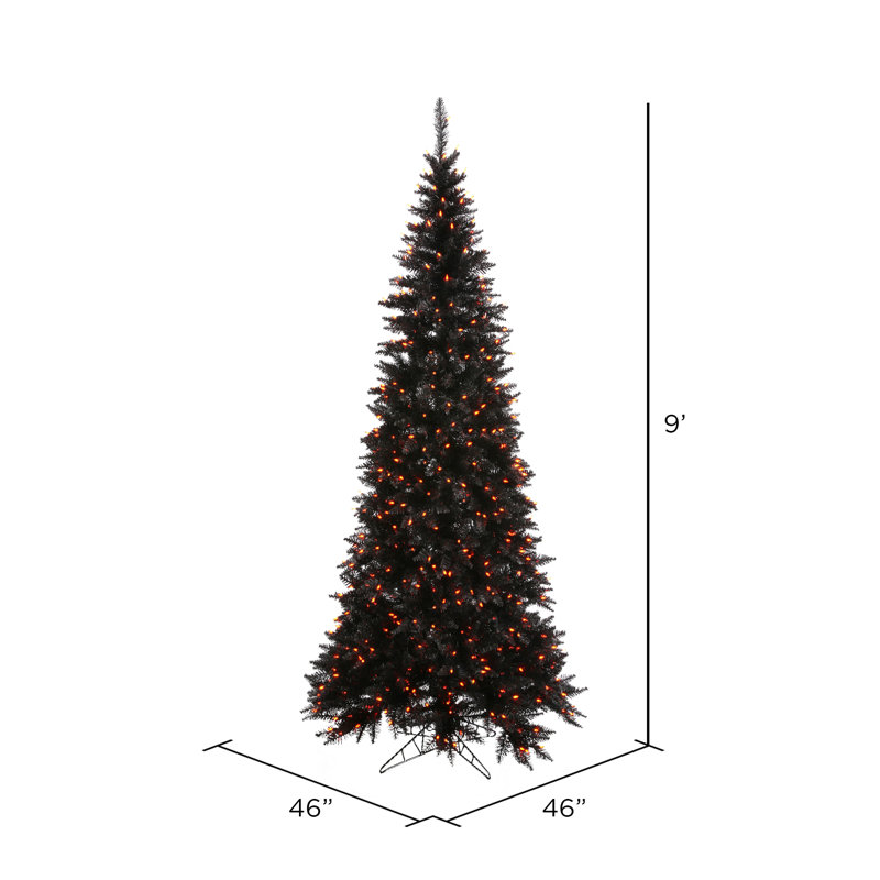 Slim Black Fir Artificial Christmas Tree with LED Orange Lights with Stand, 9' H x 46" W
