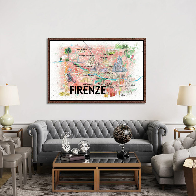 Florence Italy Illustrated Map With Roads Landmarks And Highlights by Markus & Martina Bleichner - Print on Canvas