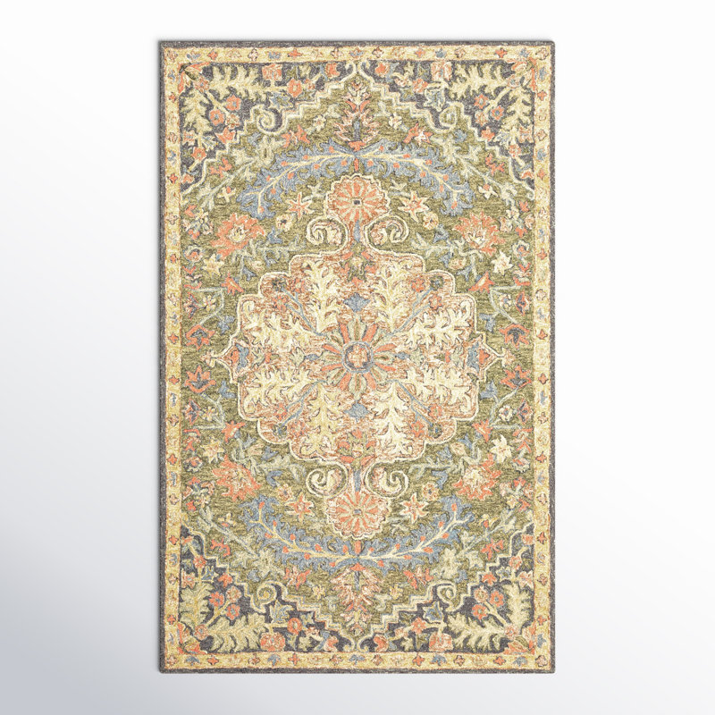 Eitelfritz Oriental Hand Hooked Wool Red/Green/Blue Area Rug, Rectangle 5' x 8'