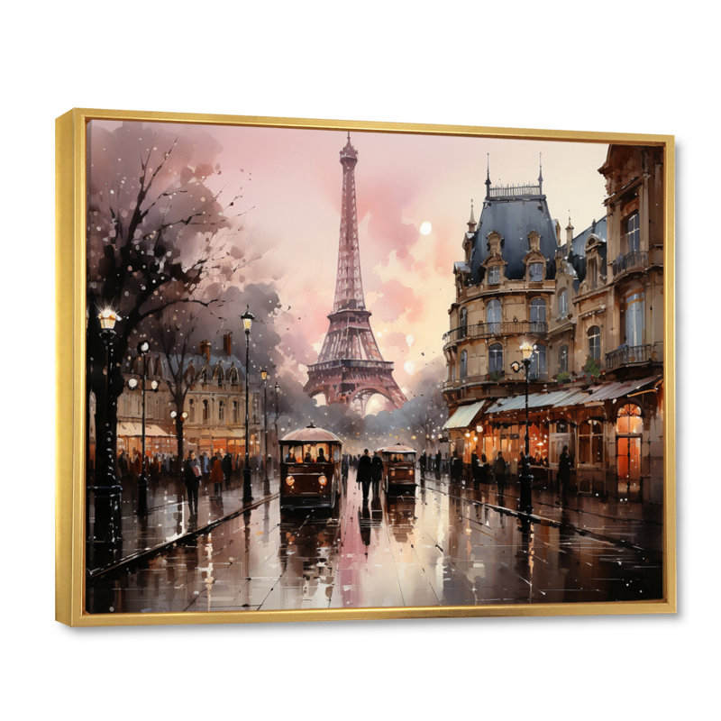 «Pink Twilight Rendezvous In Paris I», art mural de Paris pour le salon, H 30 po x l 40 po, Doré
