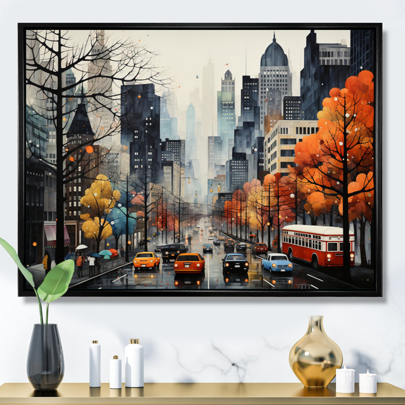 «Bold Cityscape Urban Fog III - City Buildings», art mural, Cadre flottant noir, H 16 po x l 32 po x P 1 po