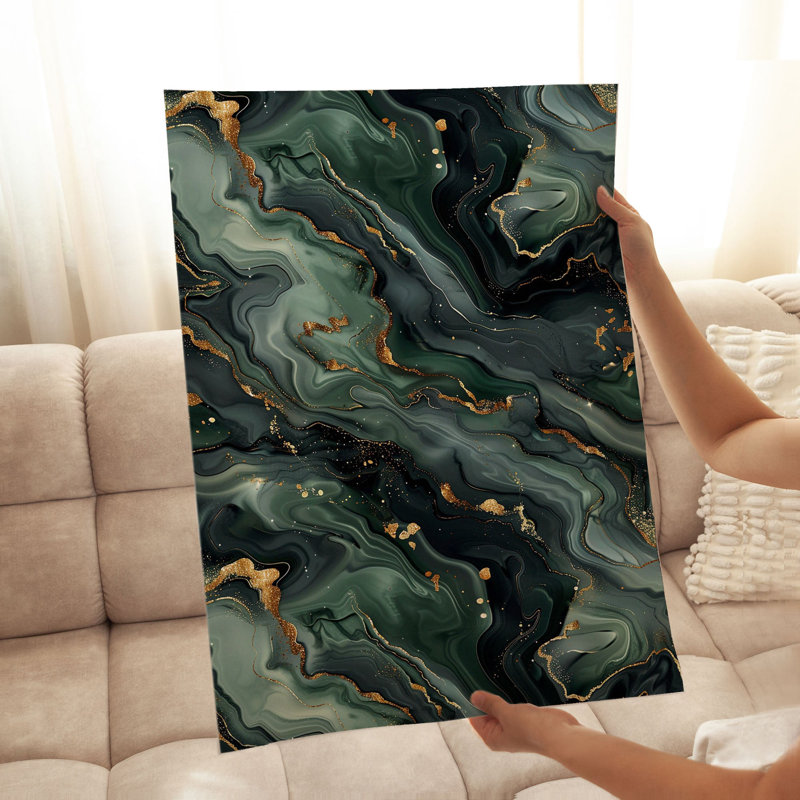 Abstrait vert émeraude et cristaux de marbre géode dorée, reproduction d'art moderne sans cadre, H 14 po x l 11 po