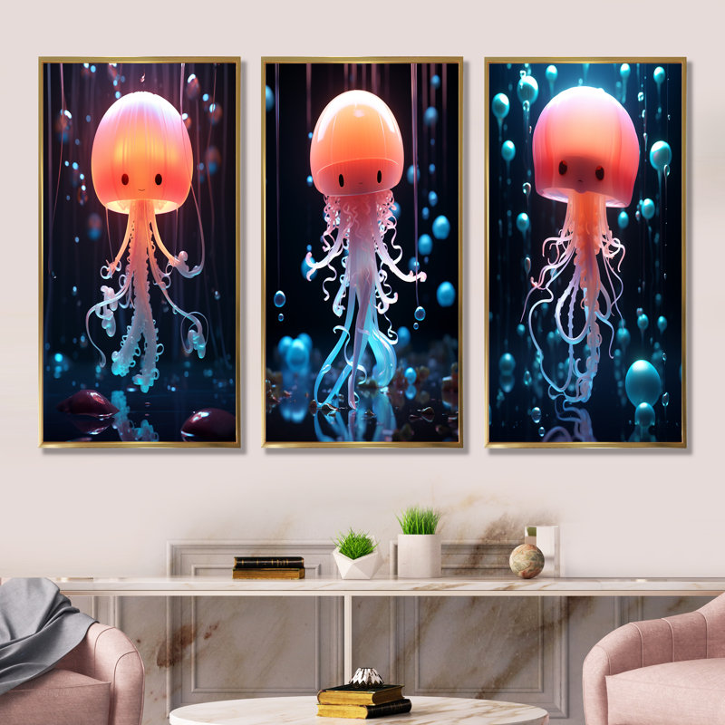 Mignonne méduse pour chambre de bébé I - ensemble de 3 impressions sur méduse, Cadre flottant doré, H 28 po x l 36 po