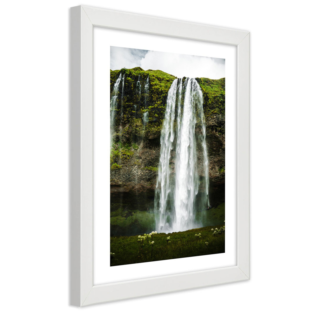 Gerahmter Grafikdruck, Wasserfall Wald Natur Berg