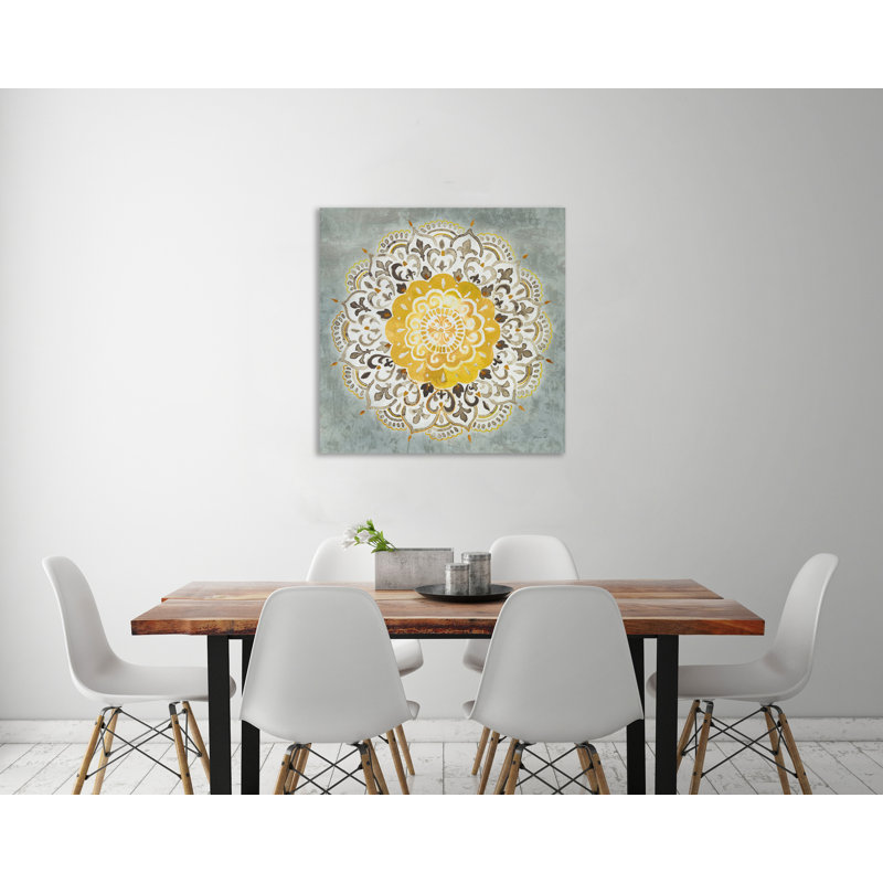 « mandala plaisir iv jaune gris », reproduction de peinture à l’aquarelle sur toile tendue, H 30 po x l 30 po x P 1,5 po