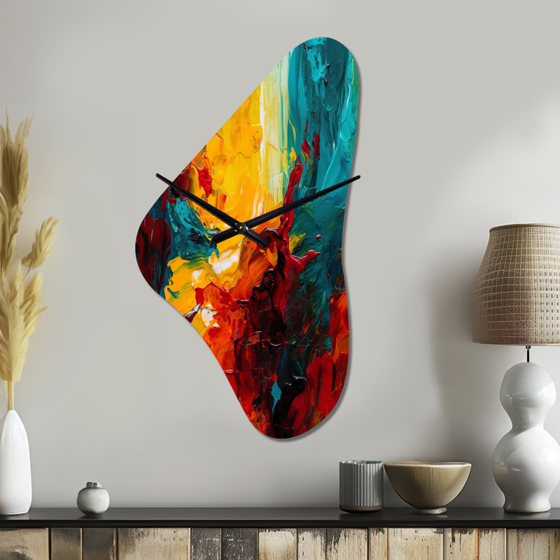Sorg Yellow and Turquoise Journey Of Abstraction II - Abstract Unique Shape Metal Wall Clocks, Yellow Asymmetrical Wall Clock Print