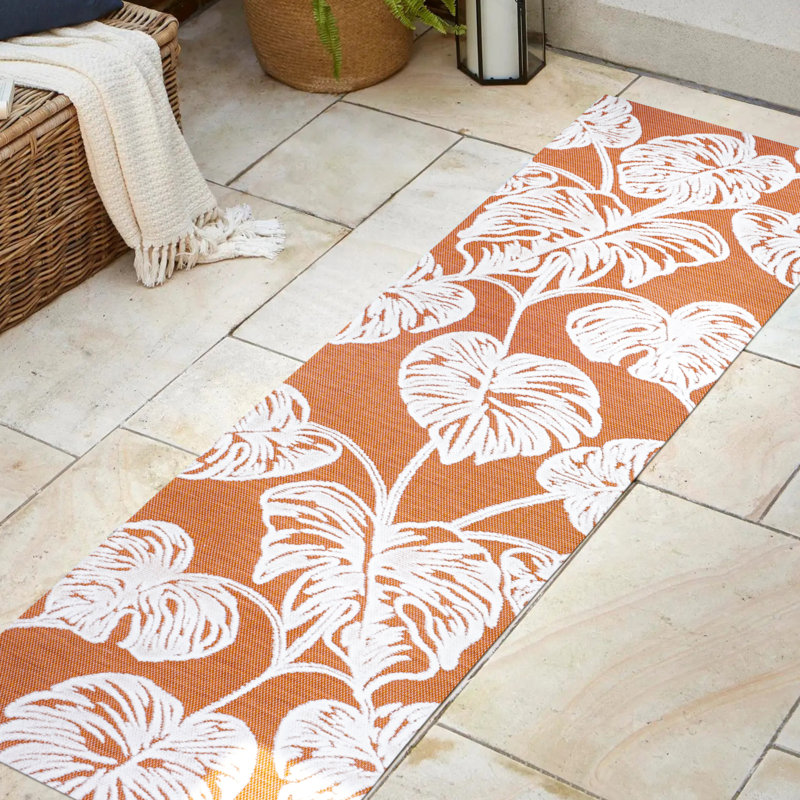 Delmoe High-Low Two-Tone Monstera Leaf Orange/Ivory Indoor/Outdoor Rug, Runner 2'2" x 8'