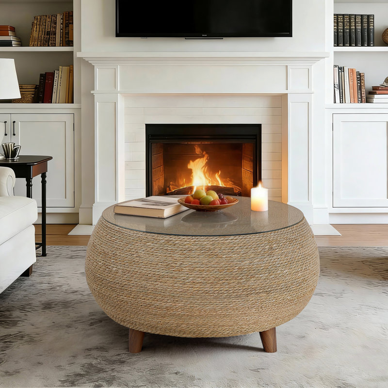  Round Drum Coffee Table, Handwoven Natural Seagrass with Glass Top, Wood Legs