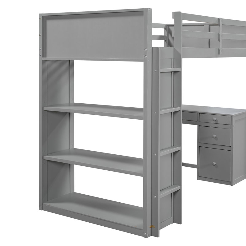 Full Size Loft Bed With Ladder, Shelves, And Desk, Gray, Lit simple, Gris