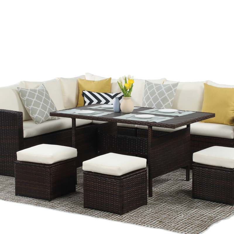 Ensemble de canapé modulaire en rotin 7 pièces avec coussins 7 pièces, Brun, Ivoire ivoire
