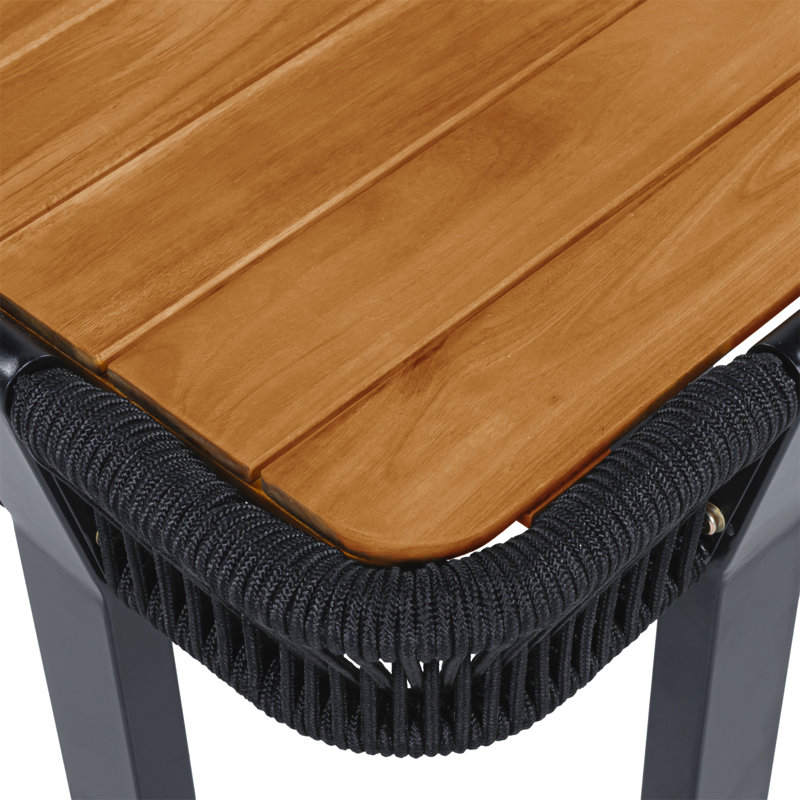 Table d'appoint en bois d'acacia à finition teck, table de bout d'extérieur pour patio d'une capacité de 120 lb avec corde noire et structure en métal, table d'appoint carrée pour la cour, le balcon et le salon