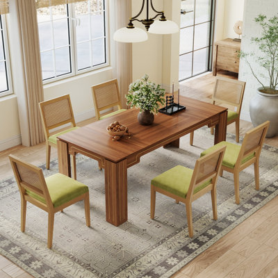 Rectangle Wooden Dining Table Set for 4-6, Mid-century Farmhouse Kitchen Table and Chairs with Linen Rattan Chair for Dining Room, Apartment